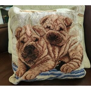 Precious Pair of SHAR-PEI Dogs Needlepoint Pillow 12"x12" With Zipper